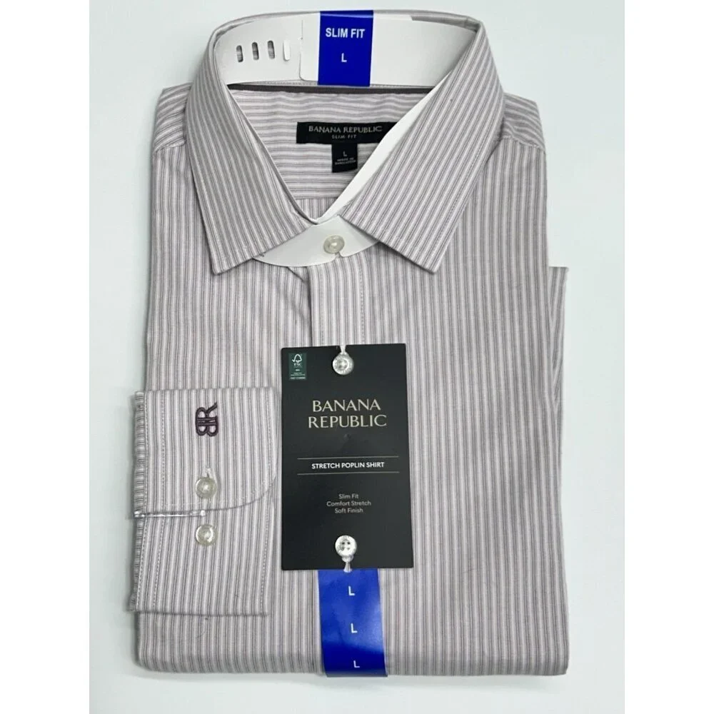 Banana Republic Long Sleeve Mens Button Up Shirt Large Stripe Purple Stretch NWT